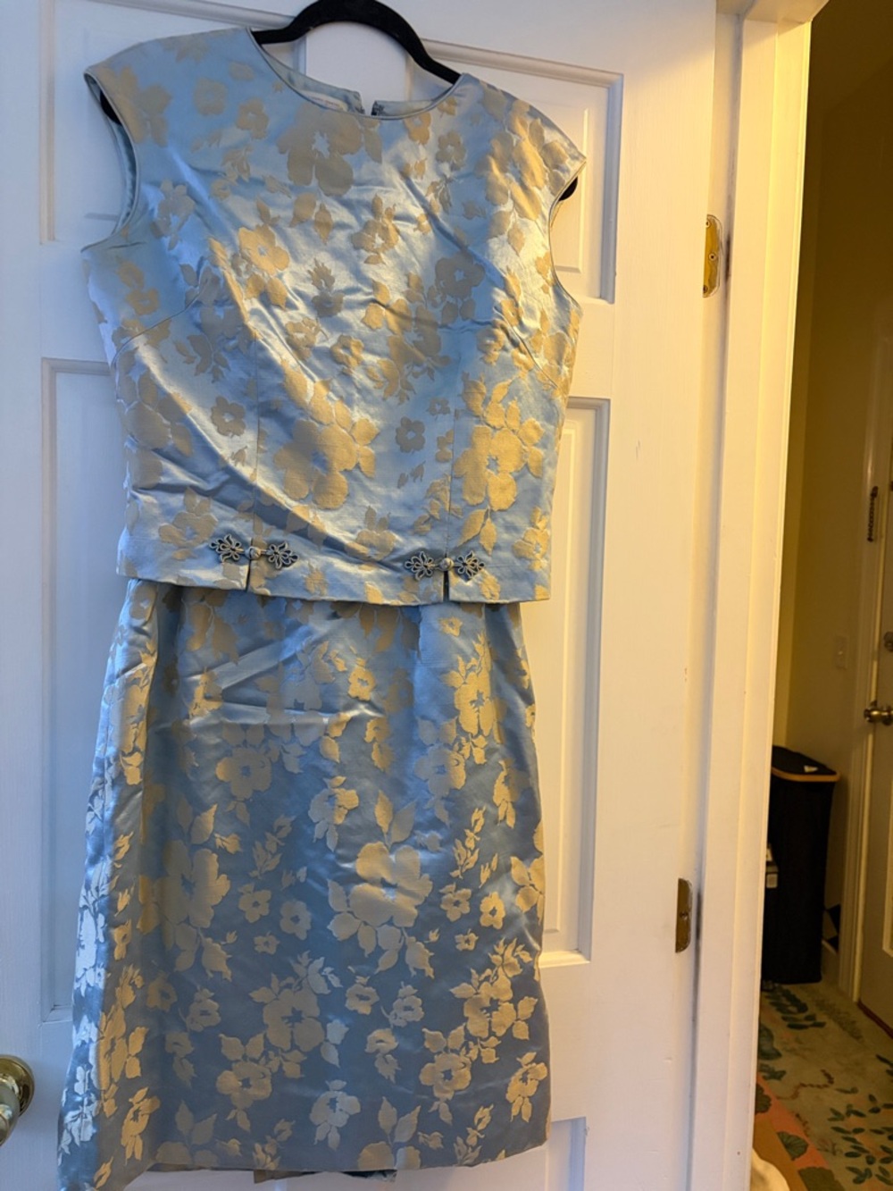 Light Blue Floral Jacquard Midi Dress with Gold Accents